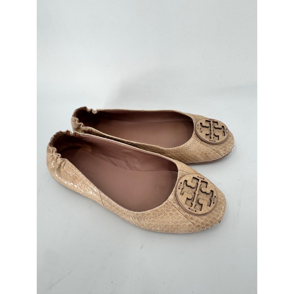 Tory Burch Minnie Travel Ballet Flats Women 6 Beige Snakeskin Embossed Leather
